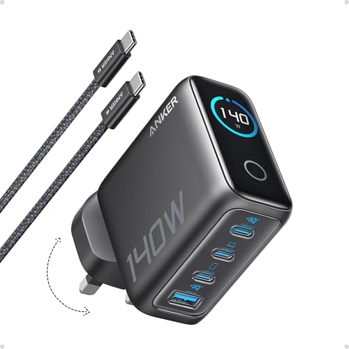 Anker 140W USB C Charger Laptop Charger 4-Port Multi-Device Fast Charging Advanced GaN Power Adapter Intuitive Touch Controls Compatible with MacBook iPhone 17 Series Samsung Pixel and More