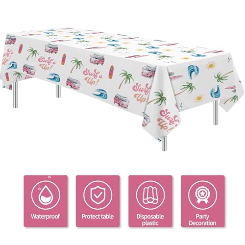 Image of APOWBLS Surf's Up Party Decorations Tablecloth Girls - Disposable Pink Surf Birthday Party Supplies Table Cover, Summer Hawaiian Beach Surfing Birthday Decorations Table Cloth - 3Pack (54in x 108in)