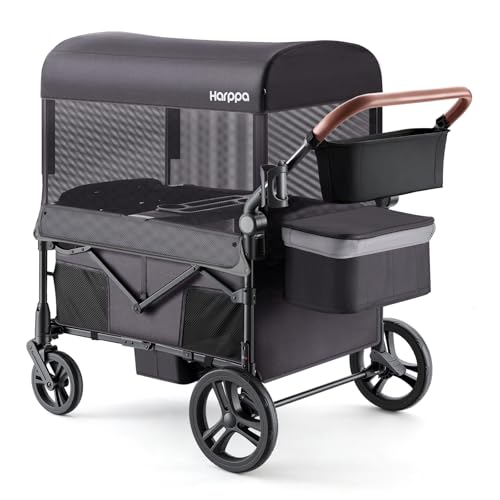 Image of Harppa Remy Wagon Stroller for 4 Kids — 26-Inch Wide Seat Row, One-Hand Fold, 6 Cup Holders, Full Mosquito Mesh Canopy, UPF50+, ASTM F833 Tested by SGS, Dark Gray