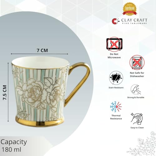 Image of Clay Craft Fine Ceramic Tea Cups Set of 6| 180 Ml Gold Print Cups with Handle | Elegant Design for Tea| Coffee| Home| Office & Gifting