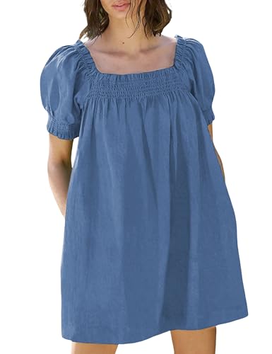Image of Huaqiao Womens Summer Mini Dress 2026 A-Line Square Neck Puff Sleeve Beach Sundress Casual Short Dress with Pockets