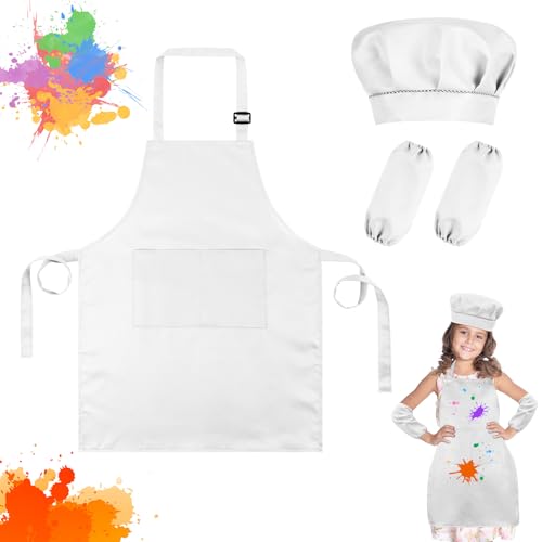 Ainiv Tablier Cuisine, Réglable Ensemble Tablier et Toque de Chef, avec 2 Manches et 2 Poches, pour Pâtisserie, Cuisine, Peinture, Blanc