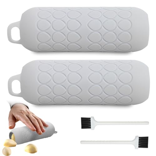 YIPFEN Kit de 2 Éplucheurs à Ail en Silicone + 2 Brosses Nylon, Ustensiles de Cuisine Anti-dérapants, Rouleaux à Ail Faciles à Nettoyer, Gadgets de...
