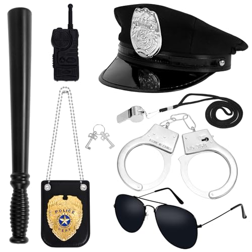 BTHRORO 7 Piezas Accesorios de Policía para Niños, Set de Disfraz con Gorra, Esposas, Walkie Talkies, Placa, Gafas de Sol, Silbato y Bastón para Fiesta de Carnaval