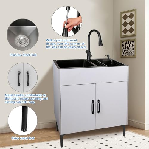 Fregadero cocina independiente de doble cubeta nano con grifo funcional extraíble 3
