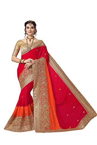 Nivah Fashion Damen Satin bestickt Sari mit Blusenteil (K721) Gr. One size, Orange Cover