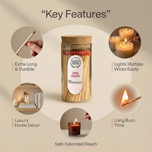 Image of Sage & Herbs Long 65 Red Matchsticks in a Borosilicated Cork Jar with Striker| for Fireplace, Kitchen, Home Temple | Extra Long Burn Time Matchsticks | Matchbox Aesthetic Red Color