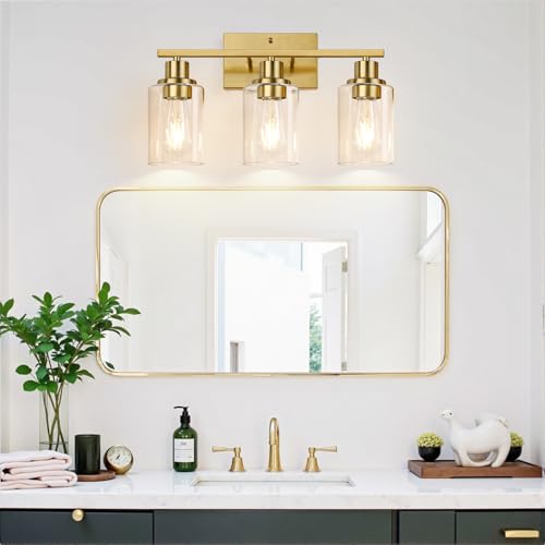 Image of Indoi 3-Light Vanity Lights with Clear Glass Shades, Brushed Gold Bathroom Light Fixtures Over Mirror, Modern Bathroom Wall Lamp for Mirror Living Room Cabinet Bedroom Porch