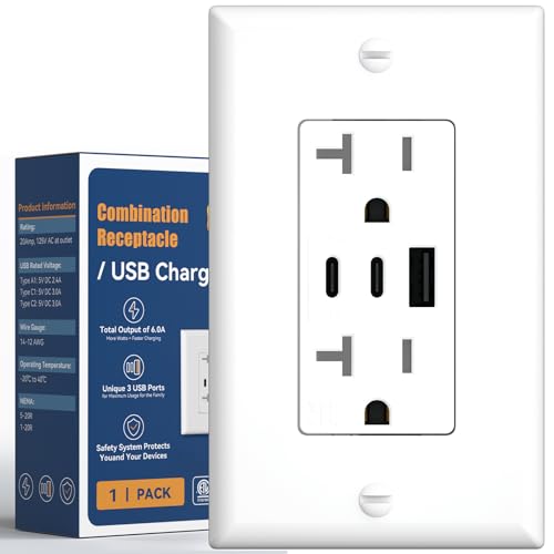 Amico 6.0A USB Outlet 1 Pack 3-Port 30W Wall Outlets with 2 Type C & 1 Type A 20 Amp Receptacle Plug Tamper Resistant Receptacle Wall Plate Included ETL Listed White