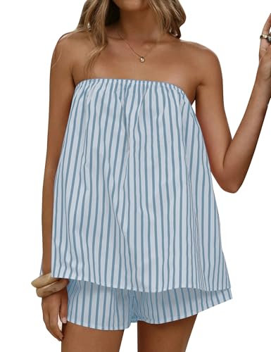 JEIBKOUY Women 2 Piece Matching Sets Striped Tube Tops Shorts