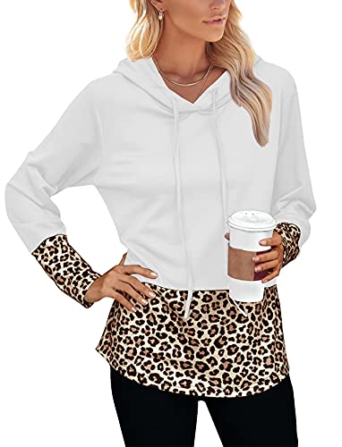Sunborui Women s Long Sleeve Leopard Print Color Block Hoodies Sweatshirts Casual Loose Pullover Tops (White,Small)