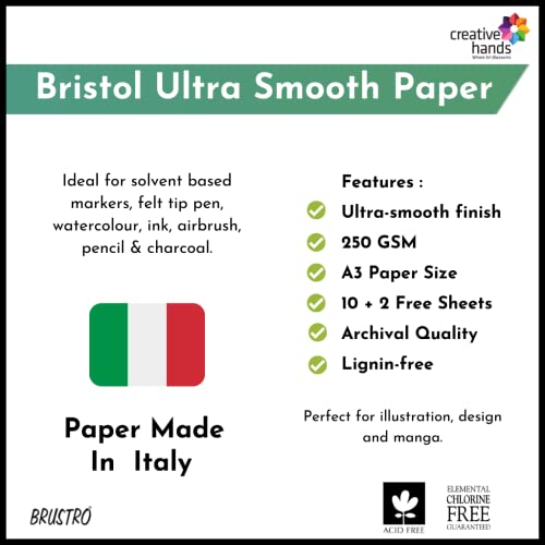 Image of BRUSTRO Ultra Smooth Bristol Sheets | A3, 250 GSM | Pack of 10+2 Sheets | Ideal for Pencil & Charcoal, Illustration, Design, Sketching, Drawing, Ink, Airbrush