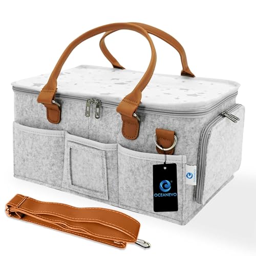 Cute Felt Diaper Caddy Organizer Bag with Lid and Removable Shoulder Strap | Baby Basket Essentials for Newborn Baby Products Storage with Compartments | 40 x 27 x 19 cm – Model 2 – Grey