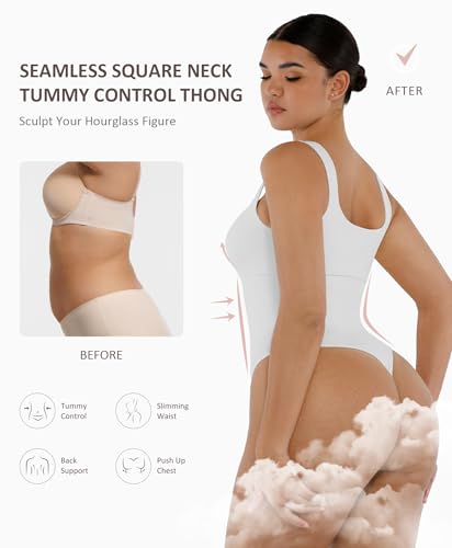 FeelinGirl Bodysuits for Women Seamless Square Neck Tummy Control Compression Thong Shapewear Bodysuit Tank Tops Bodysuit3