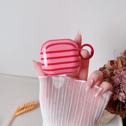 Image of MINSCOSE for AirPods 4 Clear Case,Cute Stripes Aesthetic Pattern Design with Trendy Keychain Ring,Soft TPU Anti-Drop Shockproof Protective Cover with Cleaner Kit for Girls Women-Red