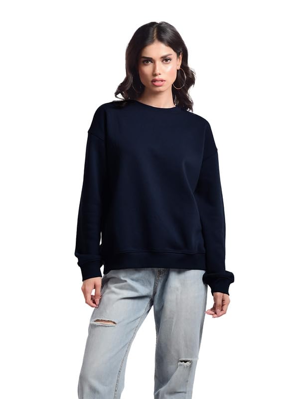 Premium 100% Cotton Fleece Loose Fit Long Sleeve Solid Sweatshirt for Women |Knitted Fabric | Dropped Shoulder, Casual Pullover | Cozy Winter Wear (Pack of 1)-image-37