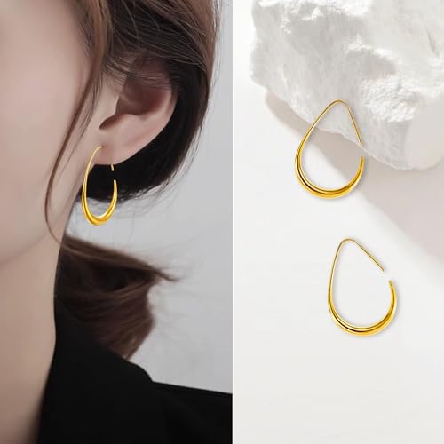 Delicate Teardrop Hoop Earrings for Women - 18k Gold Plated Large Oval Pull-Through Hoops, High Polished Statement Jewelry Gift3