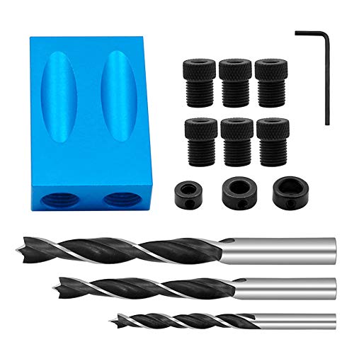 Pocket Hole Jig Kit 14-teilige Taschenlochlehre 6/8/10 mm 15° Dübelbohrer Winkelantriebsadapter für Holzbearbeitung Cover