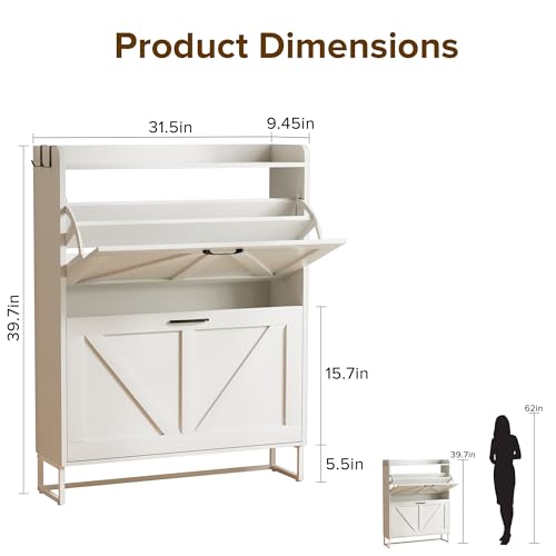Urban Deco Shoe Storage Cabinet for Entryway, 2 Flip Drawers Shoe Organizer, Elegant 2-Tier Freestanding Shoe Cabinet with Anti-Tipping Design (White) - image 2