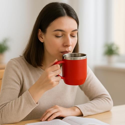 Image of Insulated Coffee Mug 350 ml - Leakproof Lid, Double Wall Stainless Steel Tea Mug, Cool Touch Outer, Travel Cup for Office & Car, Keeps Drinks Hot /Cold - Red