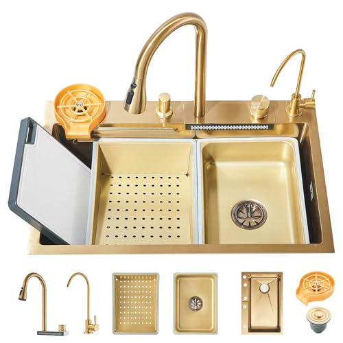 TVTIUO Fregadero de Cocina Multifuncional, Fregadero de Acero Inoxidable, Fregadero con Cascada y Grifo Extraíble, Agua Purificada, Dispensador de Jabón, Lavavasos (68 x 45 cm) Oro Cepillado
