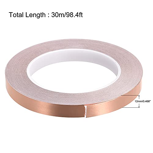 Image of uxcell Single-Sided Conductive Tape Copper Foil Tape Adhesive 12mm x 30m /98.4ft for Guitar,EMI Shielding Crafts, Electrical Repairs 2pcs