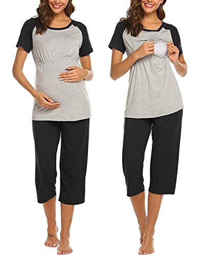 Image of Ekouaer Women's Maternity Nursing Pajama Soft Sleepwear Set Cotton Short Sleeve Pregnancy Breastfeeding PJS(Black XL)