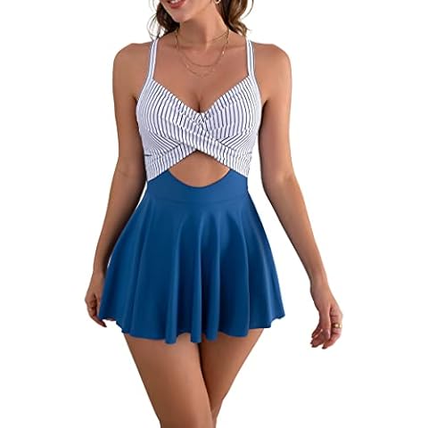B2prity Women Cutout One Piece Skirt Swimsuit V Neck Tie Back Swimdress Tummy Control Bathing Suit(Stripe,Blue) Cover