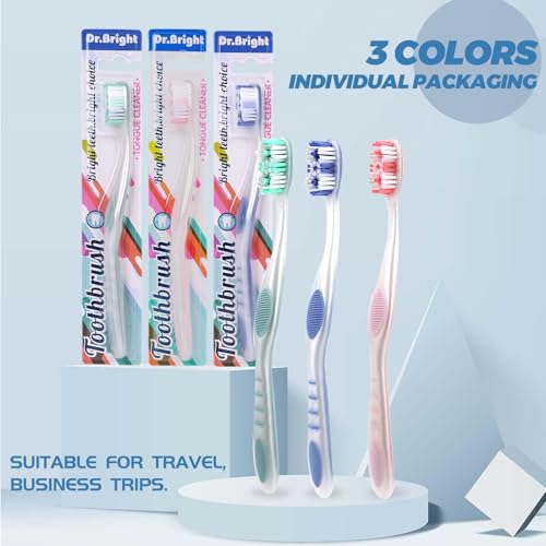 Image of DR.BRIGHT Adult Toothbrushes Medium 6 Pack | Medium Toothbrush for Adults with Tongue Scraper & Ergonomic Handle | Individual Packaging Travel Toothbrush BPA-Free, Assorted Colors