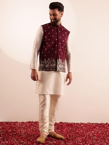 Image of SOJANYA Men's Silk Blend Cream Kurta and Pyjama With Daman Embroidered Nehru Jacket