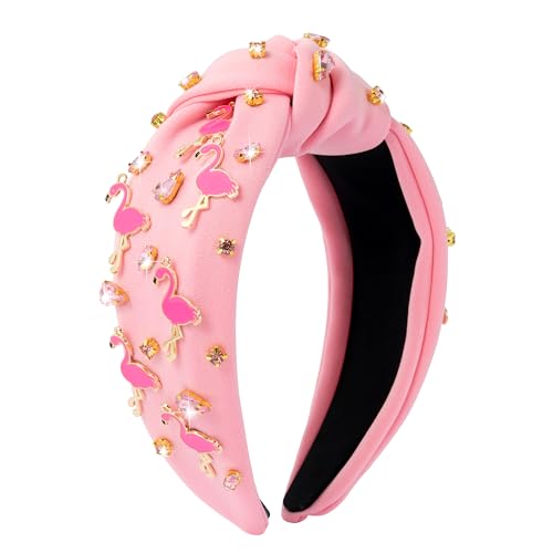 PANTIDE Flamingo Jeweled Knotted Headband - Summer Flamingo Rhinestone Embellished Headband Non Slip Wide Top Knot Hairband Hair Accessories Hawaii Beach Pool Party Birthday Gift for Women Girl (Pink)