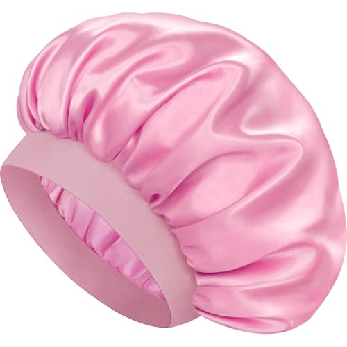 Doitory Satin Silk Bonnet for Sleeping Double Layer Silk Sleep Cap for Men & Women Soft Satin Lined Bonnet for Natural & Curly Hair(Pink)
