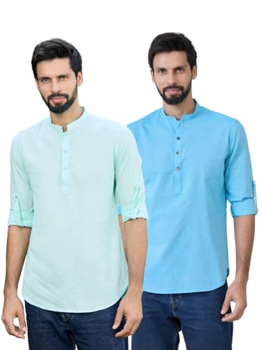Image of See Designs Men's Roll-Up Sleeve Mandarin Collar Deluxe Cotton Solid Short Kurta (Pack of 2) - Festive Collection