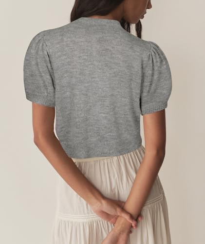 Image of Womens Puff Short Sleeve Cardigan Sweaters Cropped Button up Lightweight Y2k Knit Summer Cardigans
