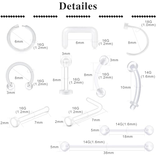 D.Bella 65pcs Mix Style Clear Piercing Retainer Flexible Lip Ear Nose Septum Eyebrow Nipple Tongue Rings Cartilage Tragus Earrings Retainer Bioflex Horseshoe Hoop Industrial Barbell2