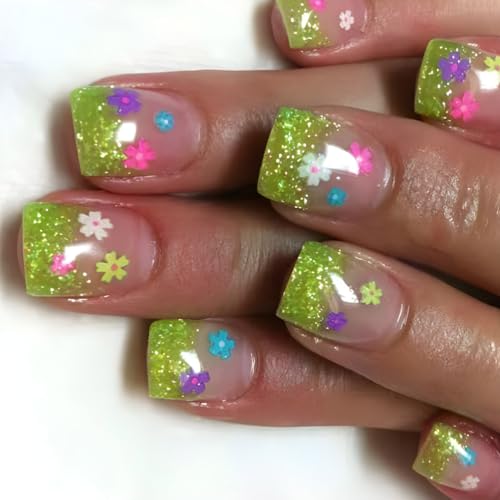 24 uñas postizas cortas a presión con punta francesa, flores coloridas adhesivas en acrílico para festivales