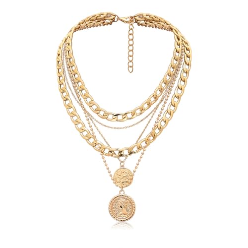 Gold Pirate Necklace for Women Vintage Gold Coin Necklace for Women Chunky Layered Chain Necklaces Cross Pendant Necklaces Halloween Costume Accessories Pirate Jewelry