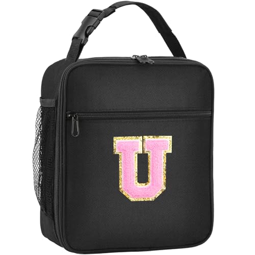 SANBADA Initial Insulated Lunch Bag, Lunch Box with Initial Letter Patch for Teen Adult, Reusable Lunch Bag for Men Women, Ideal Back to School Gift Birthday Gift, Pink U