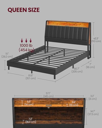 VASAGLE LED Bed Frame Queen Size, Storage Headboard and Charging Station, Queen Bed Frame with 2 AC Outlets, 1 USB Port, 1 Type-C Port, No Box Spring Needed, Ink Black and Rustic Brown URMB841B01