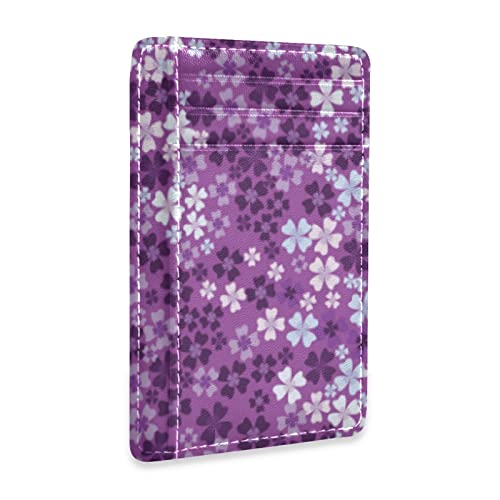 Seamless Pattern of Purple White Lilac Flowers Floral Pattern Slim Minimalist Wallet, Front Pocket RFID Leather Blocking Card Holder Case for Men Women Girls Ladies, Stylish Printing Gift