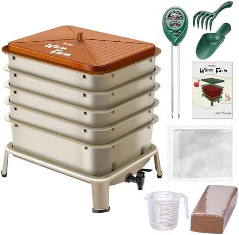 Blütezeit 5-Tray Worm Compost Bin, 53QT Outdoor & Indoor Worm Composter with Worm Farm Starter Kits for Home & Kitchen Recycling Food Waste (Gold)