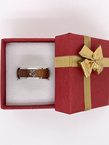 HPJ Beautiful Hawaiian Ocean Sea Turtle With Natural Koa Wood Silver Stainless Steel Ring 8mm Band men and Women Size 6-134