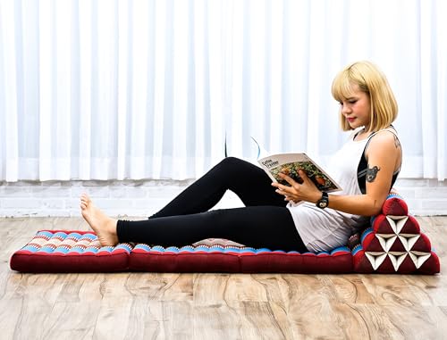 Image of Leewadee - Comfortable Japanese Floor Mattress Used As Thai Floor Bed with Triangle Cushion, Futon Mattress Or Thai Massage Mat, 67 x 21 inches, Blue Red