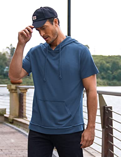 Coofandy Mens Short Sleeve Hoodie Casual Streetwear Hooded T Shirts Lightweight Pullover Hoodies With Pockets Navy Blue #TOP3