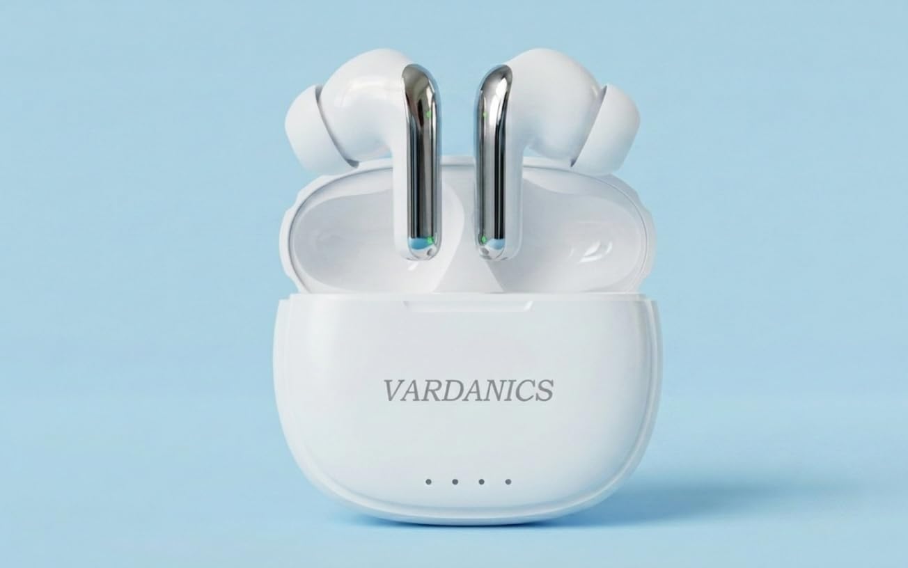 vardanics true wireless earbuds with charging case, white | tws earbuds, bluetooth connectivity, compact charging case, in-ear design, chrome accent finish