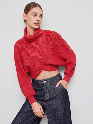 Image of CIDER Cropped Sweaters for Women Turtleneck Sweater Long Sleeve Ribbed Knit Lantern Sleeve Pullover Fall Outfits: Red, S