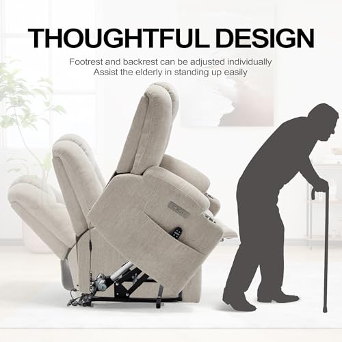 Image of Power Lift Recliner Chair for Elderly, Electric Lift Recliner with Vibration Massage and Lumbar Heating, Single Sofa Reclining Chair with Cup Holders Charging Ports, Chenille Fabric Beige