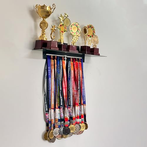 Large Metal Trophy Stand with Medal Holder for Wall - Holds Up to 8 Trophies and 30 Medals - Glossy Black Finish - Metal Display for Sports Achievements - Perfect for Homes, Schools, and Sports Clubs 2 41020l6hoNL