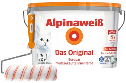 Alpinaweiß Das Original – optimal deckende und ergiebige weiße Wandfarbe – mit Spritz-Schutz-Formel – inkl. Spezial-Roller - 2 Liter