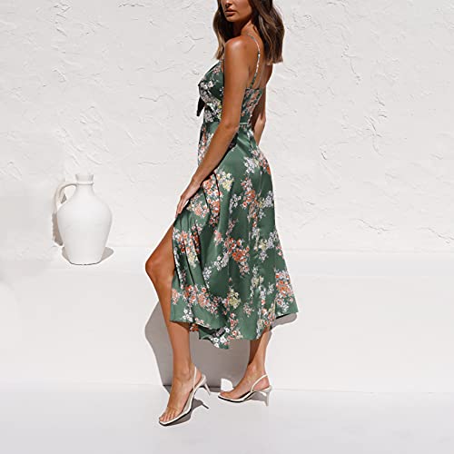 Image of Fashionme Women Spaghetti Strap Midi Satin Dresses Tie Front Backless Slit Cutout Dress Semi-Formal /Casual Flowy Lightweight